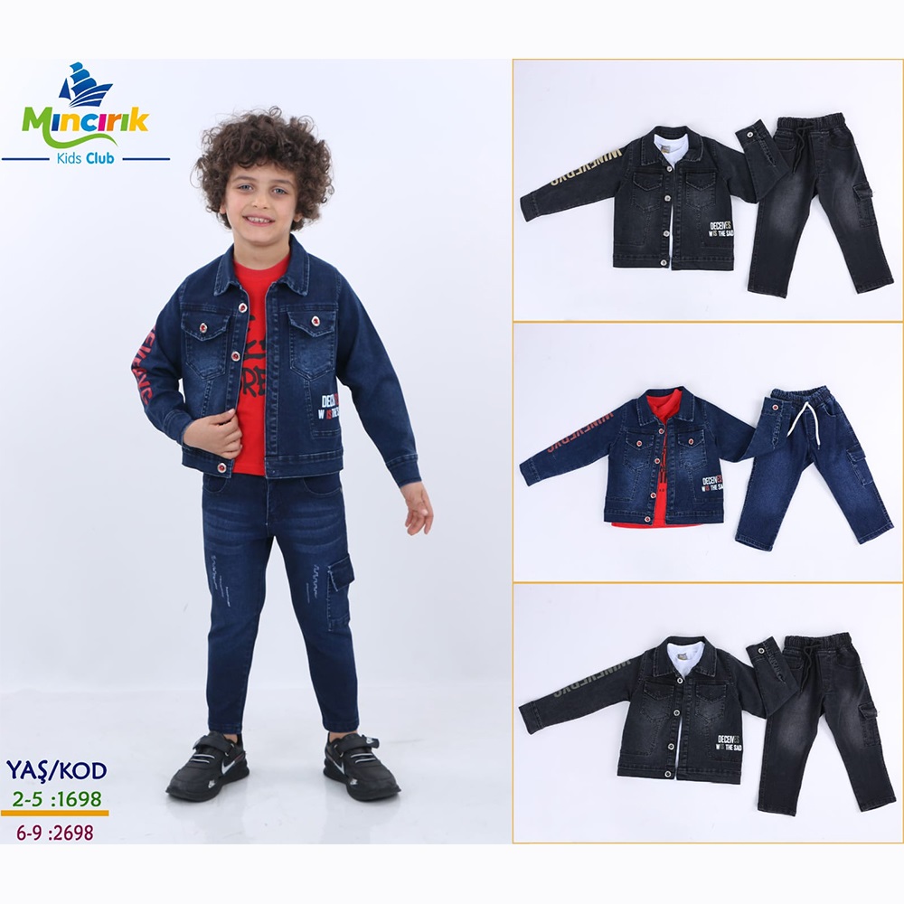 Mıncırık Kids 2698 Erkek Çocuk Wıneveryg Sağ Kol Baskılı 3 Lü Kot Ceketli Takım 6-9 Yaş - Kot Mavi