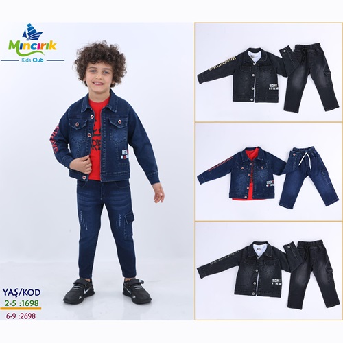 Mıncırık Kids 2698 Erkek Çocuk Wıneveryg Sağ Kol Baskılı 3 Lü Kot Ceketli Takım 6-9 Yaş - Kot Mavi
