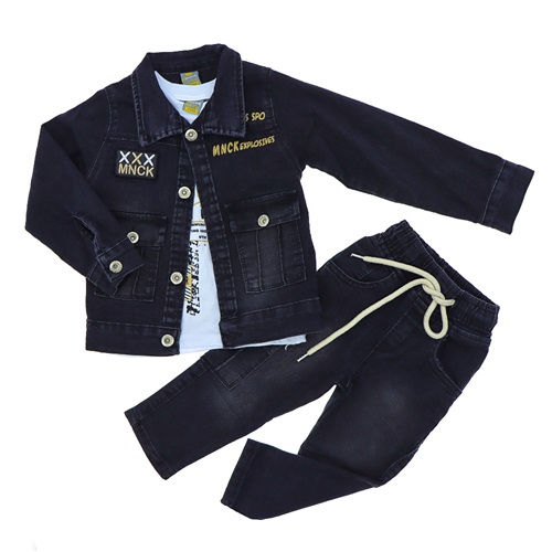 Mıncırık Kids 2701 Erkek Çocuk Mnck Nakışlı 3 Lü Kot Ceketli Takım 6-9 Yaş - Füme