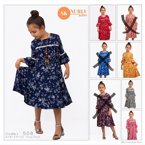 Nurlu Kids 508 Kız Çocuk Kolyeli Desenli Fırfırlı Elbise 6-12 Yaş - Lacivert - 6-8-10-12 YAŞ