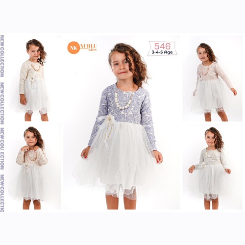 Nurlu Kids 546 Kız Çocuk Kabartmalı Tül İnci Bileklik Aks Elbise 3-4-5 Yaş - Gri - 3-4-5 YAŞ
