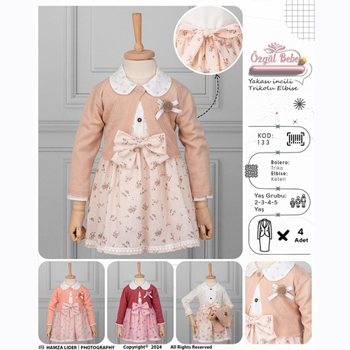 Özgül 133 Kız Çocuk Çiçek Desenli Yakası İncili Triko Bolerolu Elbise 2-5 Yaş - Ekru