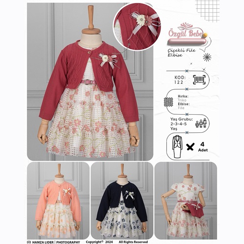 Özgül 122 Kız Çocuk Çiçekli Triko Ceketli File Elbise 2-5 Yaş