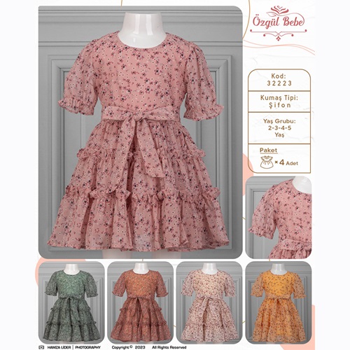 Özgül 32223 Kız Çocuk Çiçek Desenli Katlı Fırfırlı Şifon Elbise 2-5 Yaş