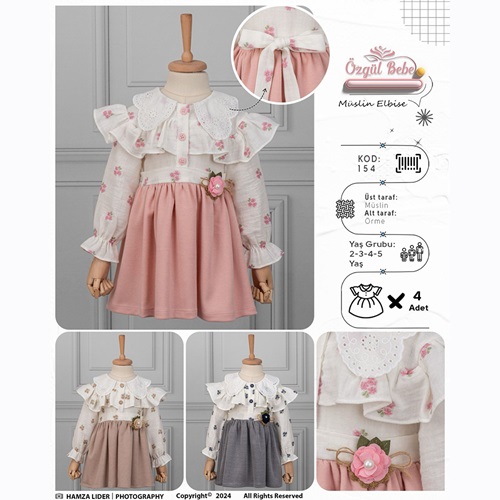 Özgül 154 Kız Çocuk Yakalı Müslin Kumaş Çiçek Desenli Örme Elbise 2-5 Yaş