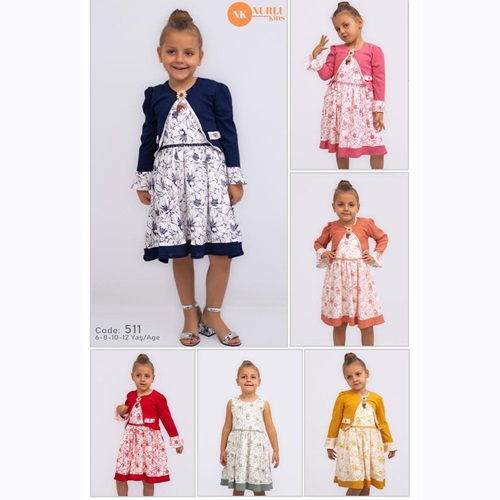 Nurlu Kids 511 Kız Çocuk Bolerolu Desenli Elbise 6-12 Yaş - Kırmızı - 6-8-10-12 YAŞ