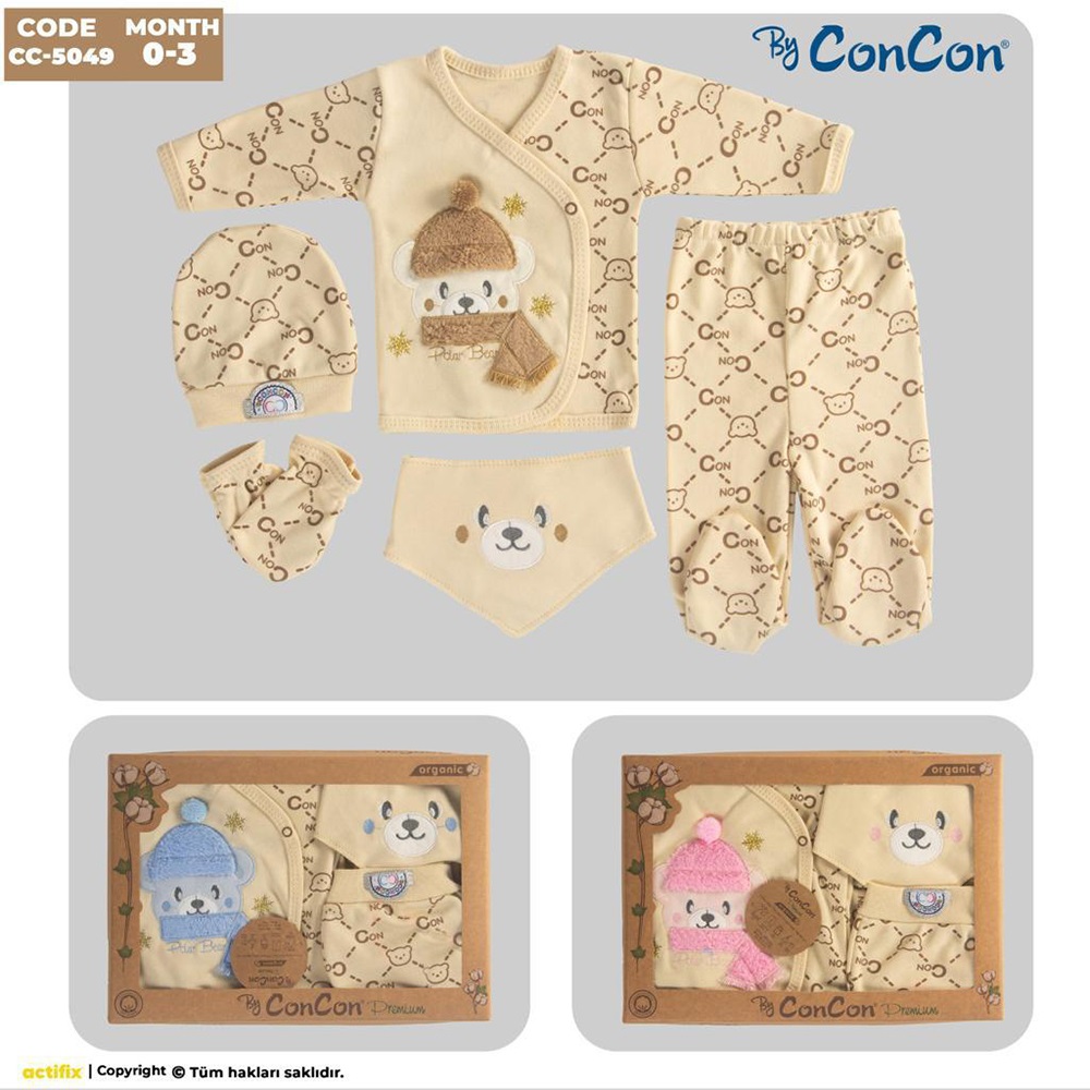 ConCon 1639 Bebe Organik Lüx Atkılı Ayıcık Nakışlı 10 Parça Zıbın Set 0-3 Ay - Kahverengi