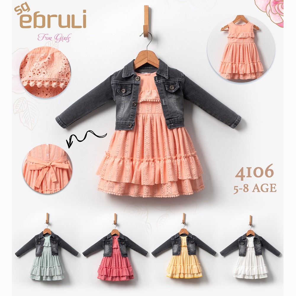 Ebruli 4106 Kız Çocuk Dantelli Yollu Kot Bolerolu Elbise 5-8 Yaş