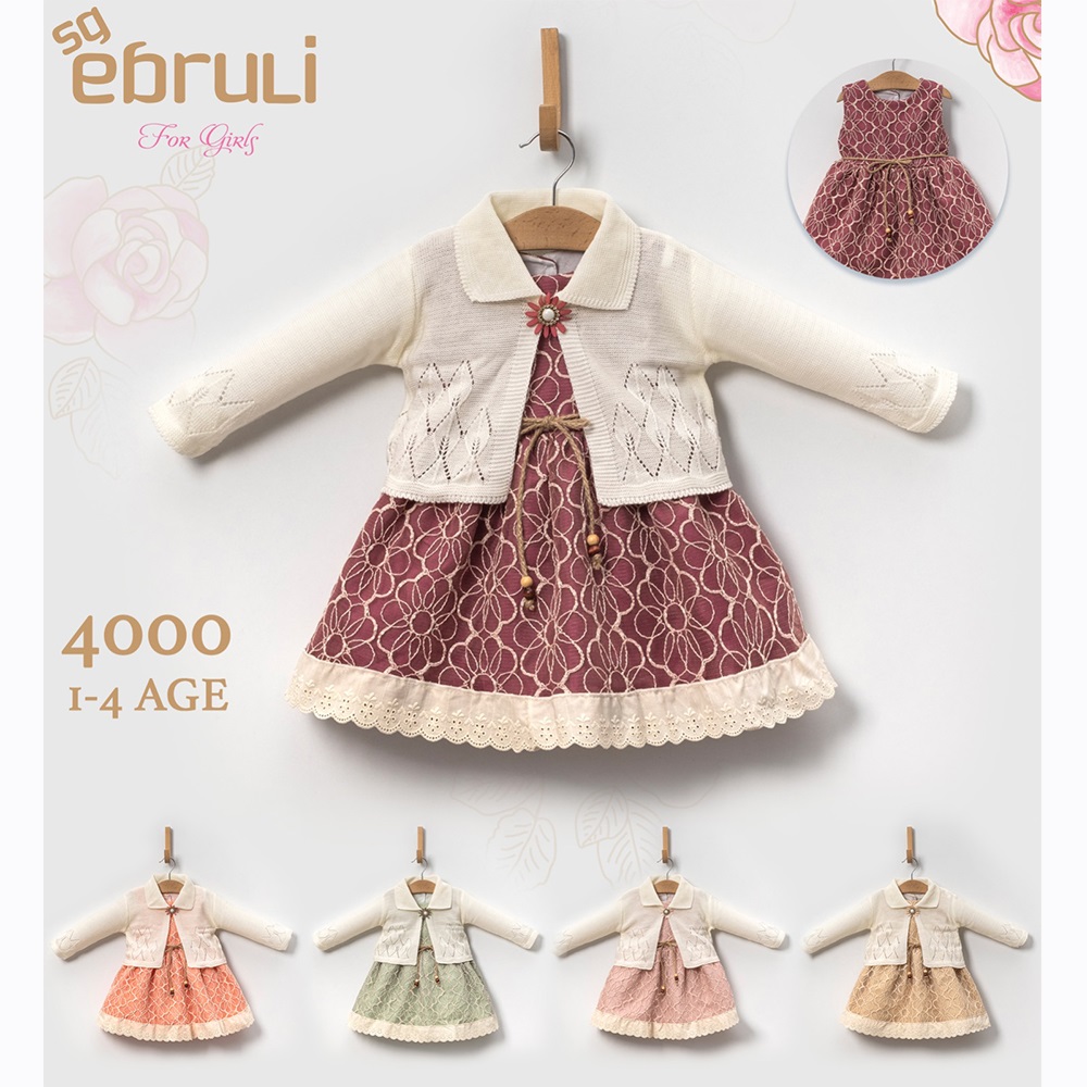 Ebruli 4000 Kız Çocuk Papatya Nakışlı Triko Ceketli Dantelli Elbise 2-5 Yaş