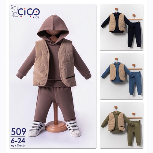 Çiço Kids 509 Erkek Bebe Yelekli Kapşonlu Sweat Takım 9-24 Ay - Haki - 9-12-18-24- AY