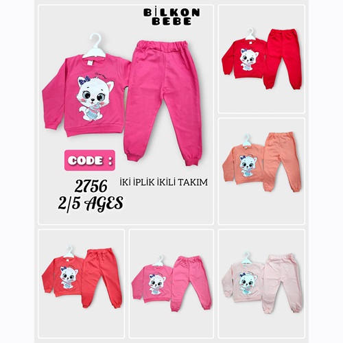 Bilkon Baby 2756 Kız Çocuk Kedili Takım 2-5 Yaş - Nar Çiçeği - 2-3-4-5 YAŞ