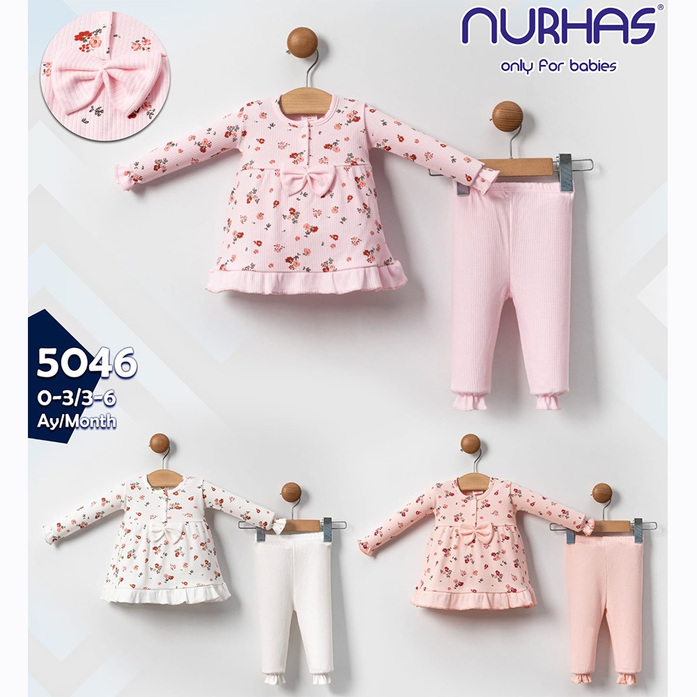 Nurhas 5046 Kız Bebe Penye Fırfırlı Gül Baskılı 2 Li Takım 3-6 Ay