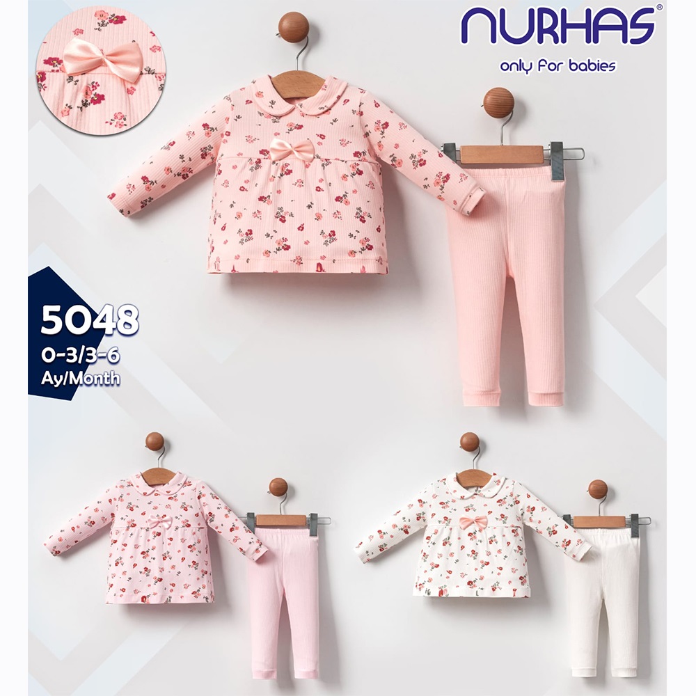 Nurhas 5048 Kız Bebe Penye Yakalı Gül Baskılı 2 Li Takım 3-6 Ay