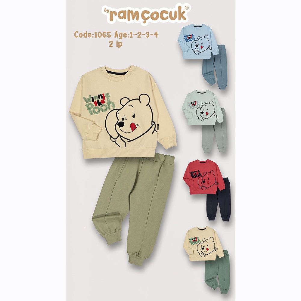 Ram 1065 Erkek Çocuk Poohh Nakışlı Sıfır Yaka Penye Takım 1-4 Yaş