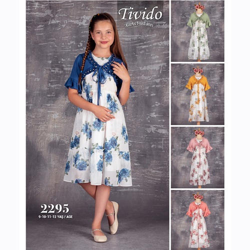 Tivido 2295 Kız Çocuk Dijital Bakılı Elbise 9-12 Yaş - Yeşil - 9-12 YAŞ