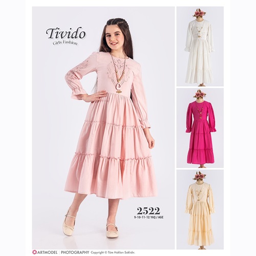 Tivido 2522 Kız Çocuk Brode Kolyeli Elbise 9-12 Yaş - Fuşya - 9-12 YAŞ
