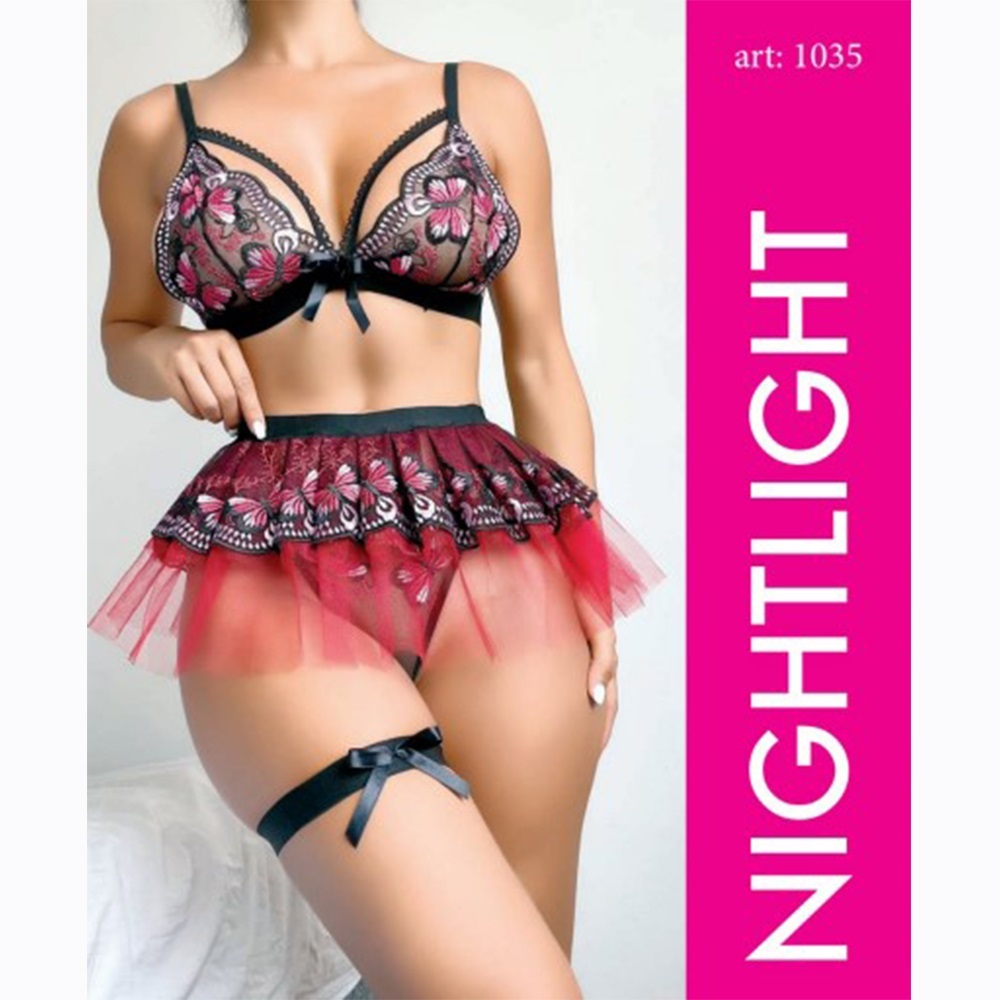 NightLight 1035 Bayan Tül İşlemeli Fantazi Jartiyer Takım - Siyah