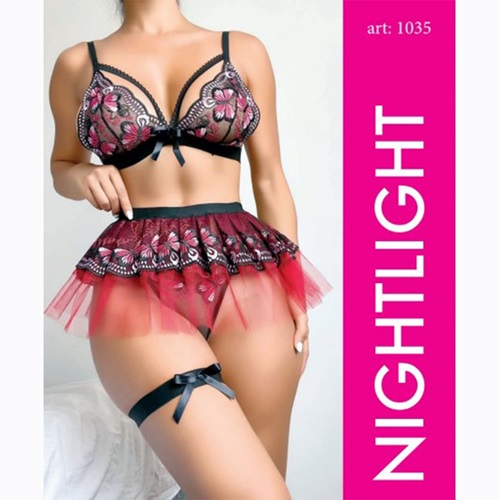 NightLight 1035 Bayan Tül İşlemeli Fantazi Jartiyer Takım - Siyah