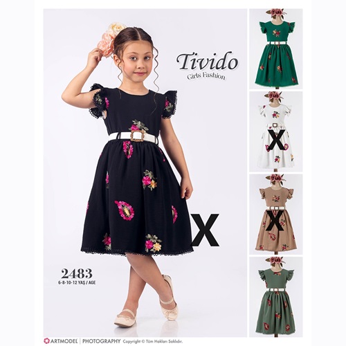Tivido 2483 Kız Çocuk Nakışlı Brodeli Elbise 6-12 Yaş - Yeşil - 6-8-10-12 YAŞ