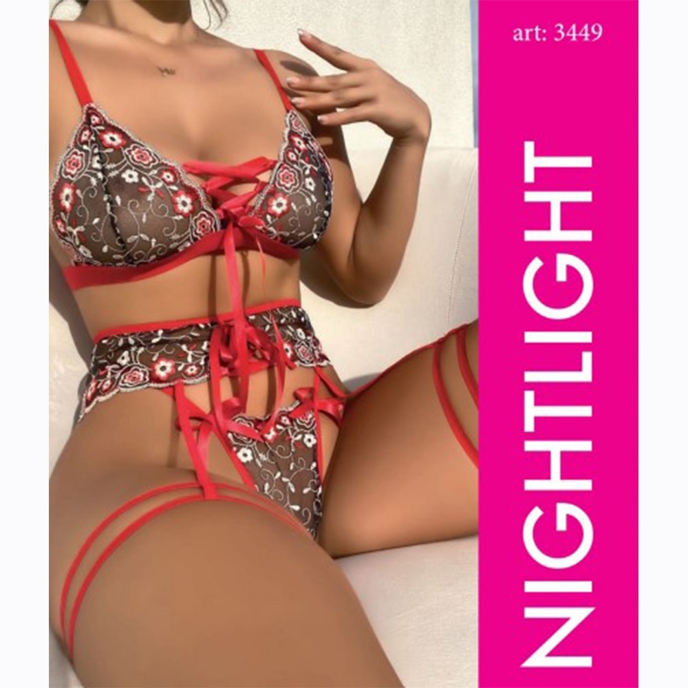 NightLight 3449 Bayan Tül İşlemeli Fantazi Jartiyer Takım - Kırmızı