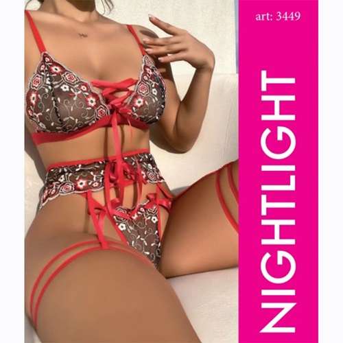 NightLight 3449 Bayan Tül İşlemeli Fantazi Jartiyer Takım - Kırmızı