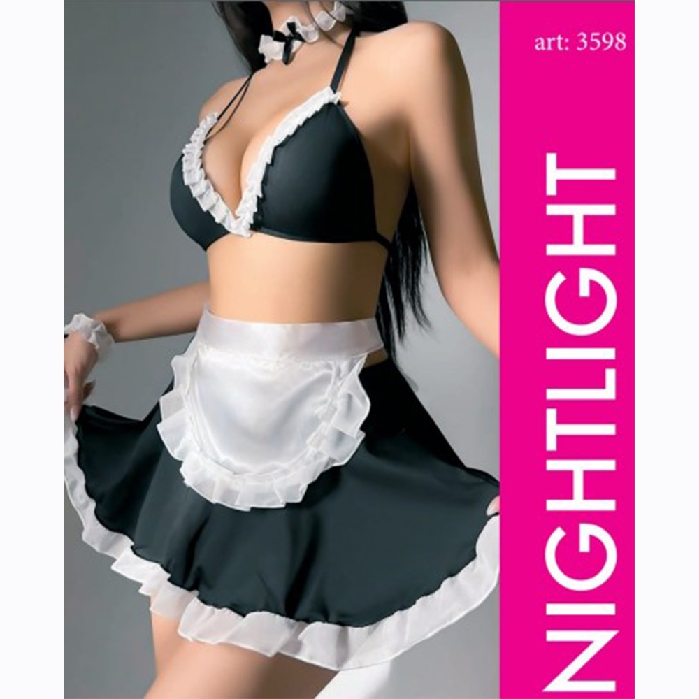 NightLight 3598 Bayan Fantazi Hizmetçi Kostümü Gecelik - Siyah