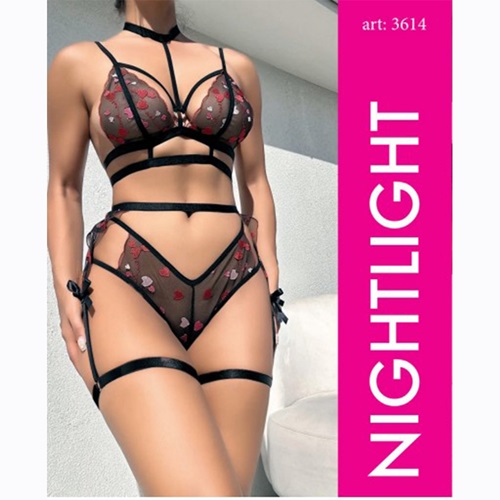 NightLight 3614 Bayan Tül İşlemeli Fantazi Jartiyer Takım - Siyah