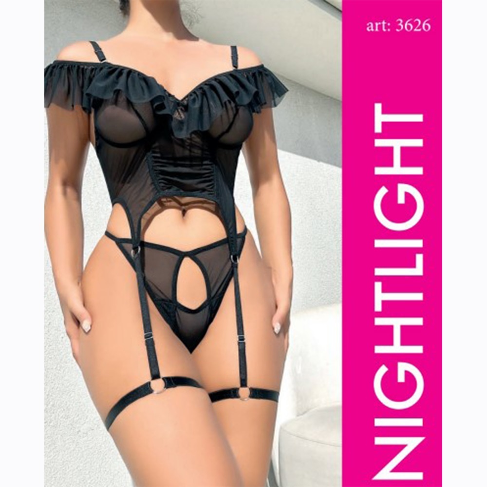 NightLight 3626 Bayan Tül Fantazi Jartiyer Takım - Siyah