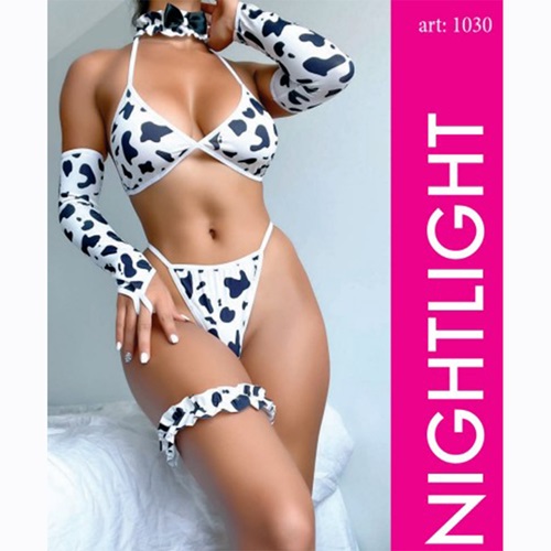 NightLight 1030 Bayan Fantazi Dalmaçyalı Model Takım Gecelik - Siyah-Beyaz