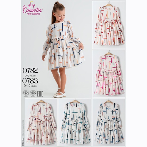 Camellia 782 Kız Çocuk Desenli Uzun Kollu Şifon Elbise 5-8 Yaş - Turuncu