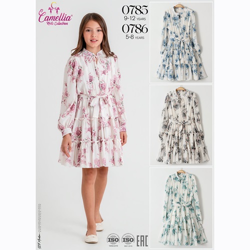 Camellia 786 Kız Çocuk Desenli Kemerli Uzun Kollu Şifon Elbise 5-8 Yaş - Mavi