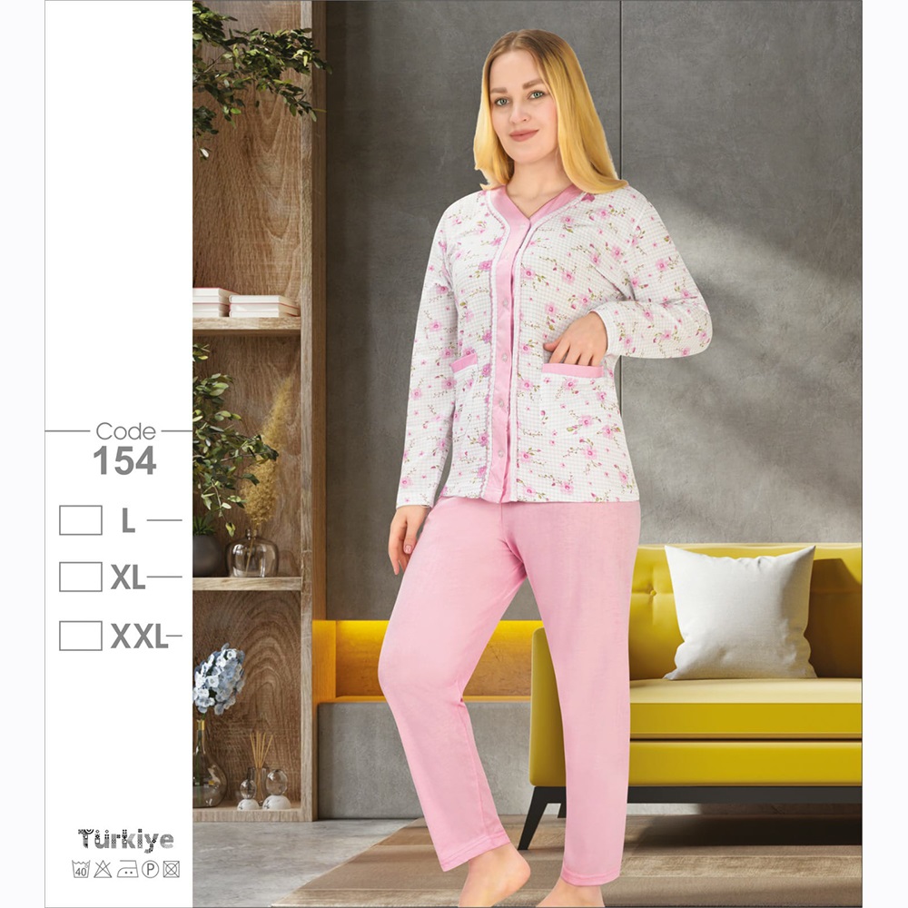 Melika 154 Bayan Penye Süprem Desenli Düğmeli Pijama Takımı L-2XL - Turkuaz - L-XL-XXL