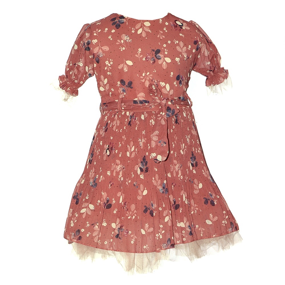 Mıncırık 1035 Kız Çocuk Etek Ucu Piliseli Kısa Kol Elbise 5-8 Yaş- G.Kurusu - 5-8 YAŞ