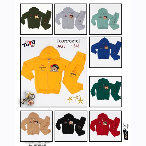 Tofil 0210 Erkek Çocuk Şapkalı Sevimli Ayıcık Nakışlı 2 İplik Kapşonlu Takım 3-6 Yaş- Yeşil - 3-4-5-6 YAŞ