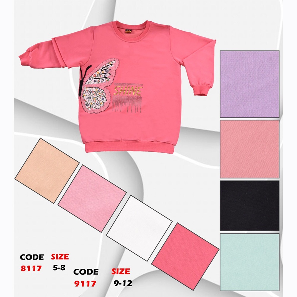 Kırmızı 8117 Kız Çocuk Kelebek Süzine Nakışlı Sıfır Yaka 2 İp Penye Sweat 5-8 Yaş - Pudra - 5-8 YAŞ