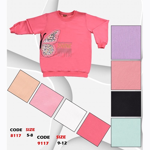 Kırmızı 8117 Kız Çocuk Kelebek Süzine Nakışlı Sıfır Yaka 2 İp Penye Sweat 5-8 Yaş - Pudra - 5-8 YAŞ