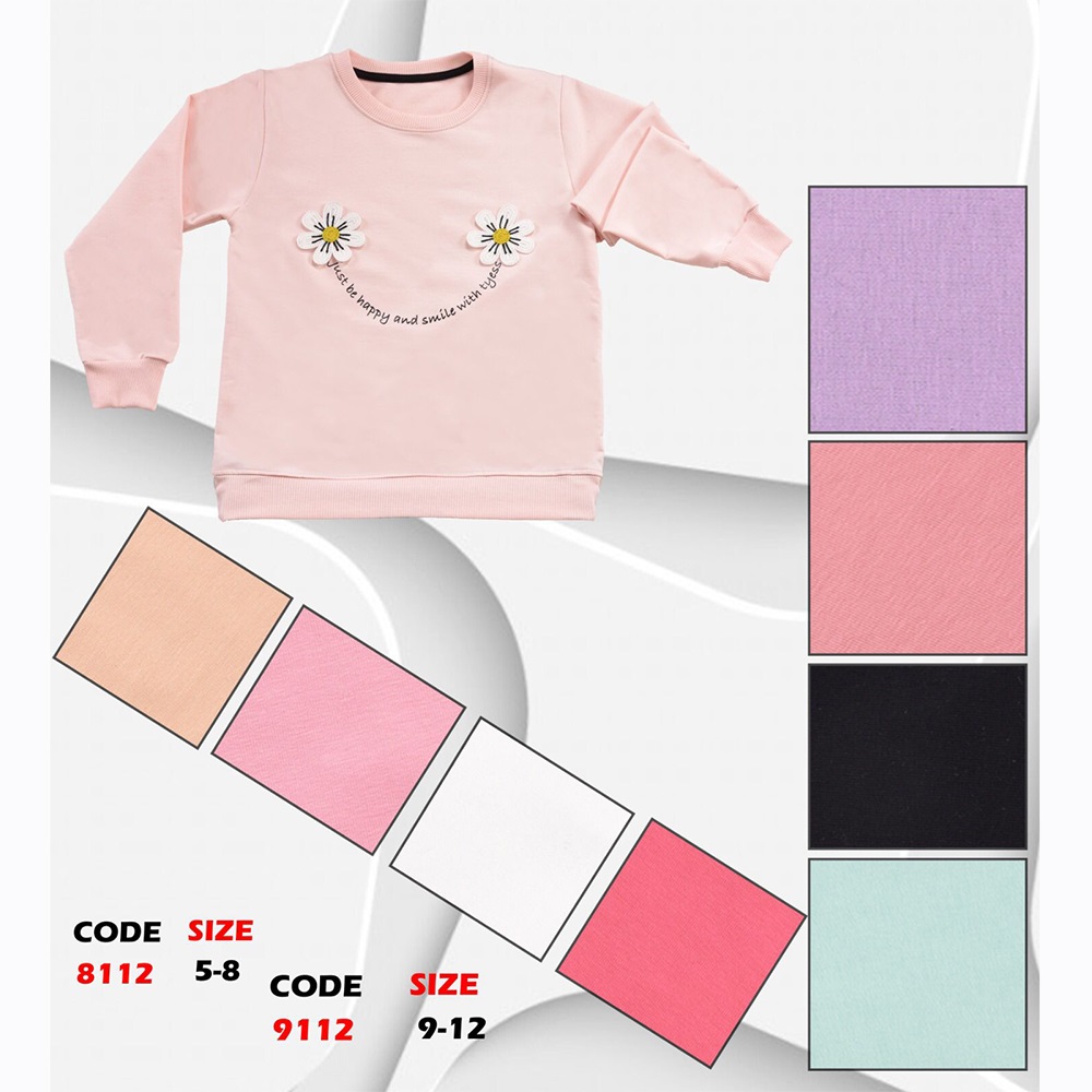 Kırmızı 8112 Kız Çocuk Papatya Nakışlı Sıfır Yaka 2 İp Penye Sweat 5-8 Yaş