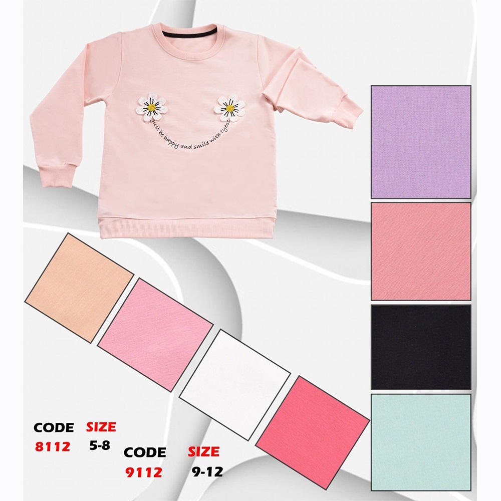 Kırmızı 9112 Kız Çocuk Papatya Nakışlı Sıfır Yaka 2 İp Penye Sweat 9-12 Yaş - Mint Yeşil - 9-12 YAŞ