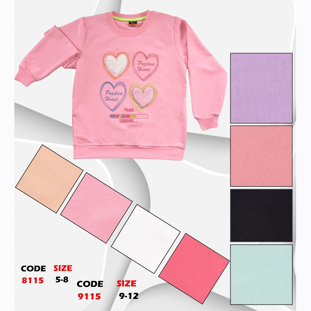 Kırmızı 9115 Kız Çocuk Pullu Kalp Nakışlı Sıfır Yaka 2 İp Penye Sweat 9-12 Yaş