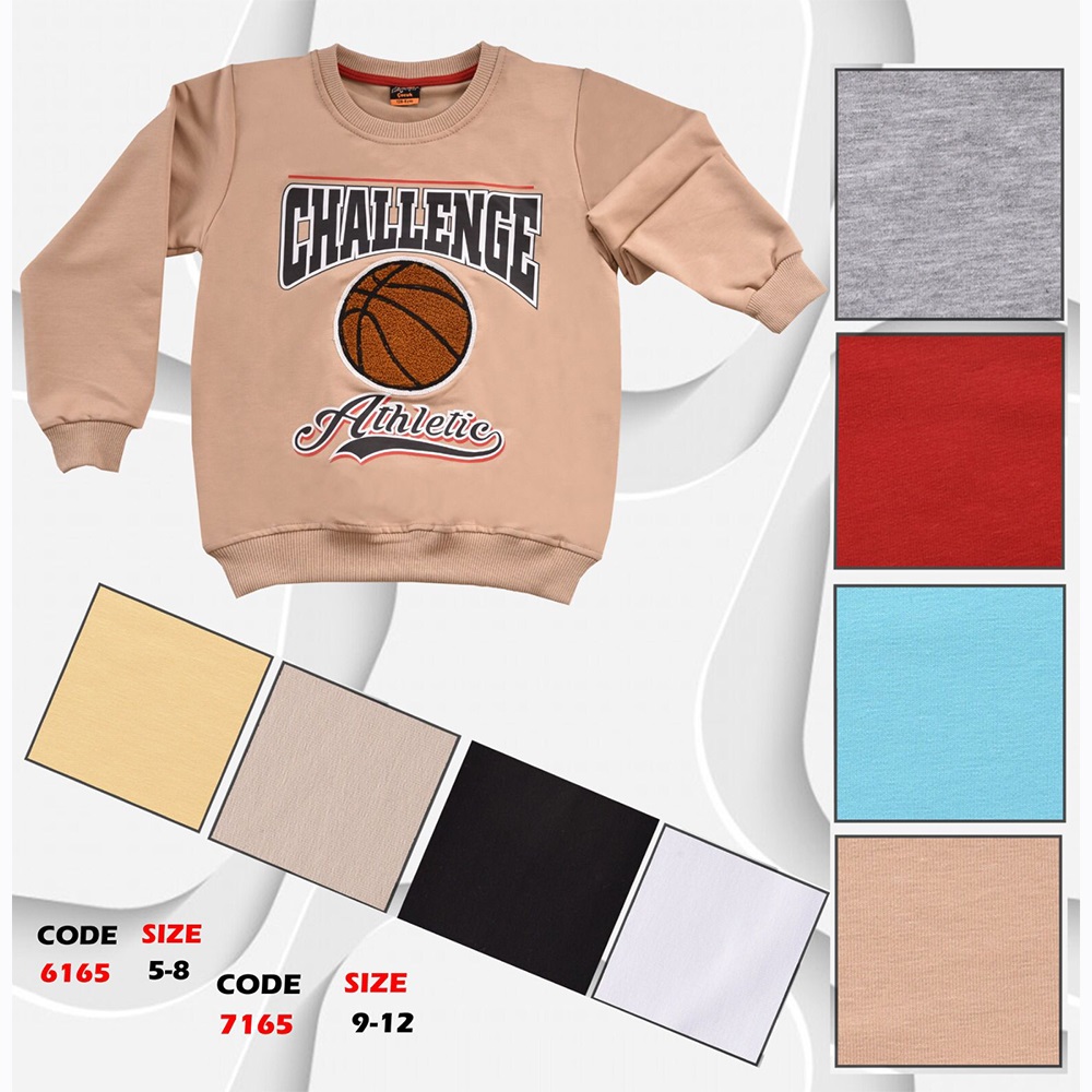 Kırmızı 7165 Erkek Çocuk Basketball Baskılı Sıfır Yaka 2 İp Penye Sweat 9-12 Yaş