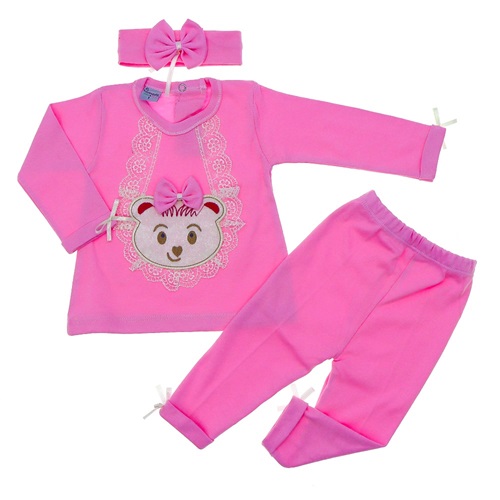 Tomofil 937 Kız Çocuk Dantelli Ayıcık Nakışlı Takım 3-6 Ay - Pembe
