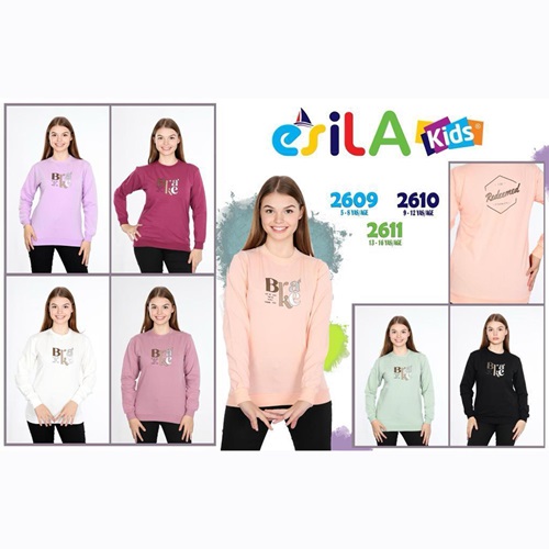 Esila 2609 Kız Çocuk İki İplik Brake Bas Sıfır Yaka Sweat 5-8 Yaş - Su Yeşili - 5-6-7-8 YAŞ