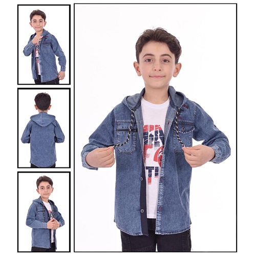 Bobiks 2416 Erkek Çocuk Kapşonlu Penyeli Mini Kot Gömlek Kar Yıkama Tişört Takım 5-8 Yaş - Kot Mavi - 5-6-7-8 YAŞ