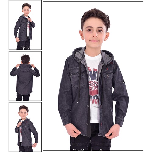 Bobiks 2415 Erkek Çocuk Kapşonlu Penyeli Kot Gömlek Kar Yıkama Tişört Takım 5-8 Yaş - Füme - 5-6-7-8 YAŞ