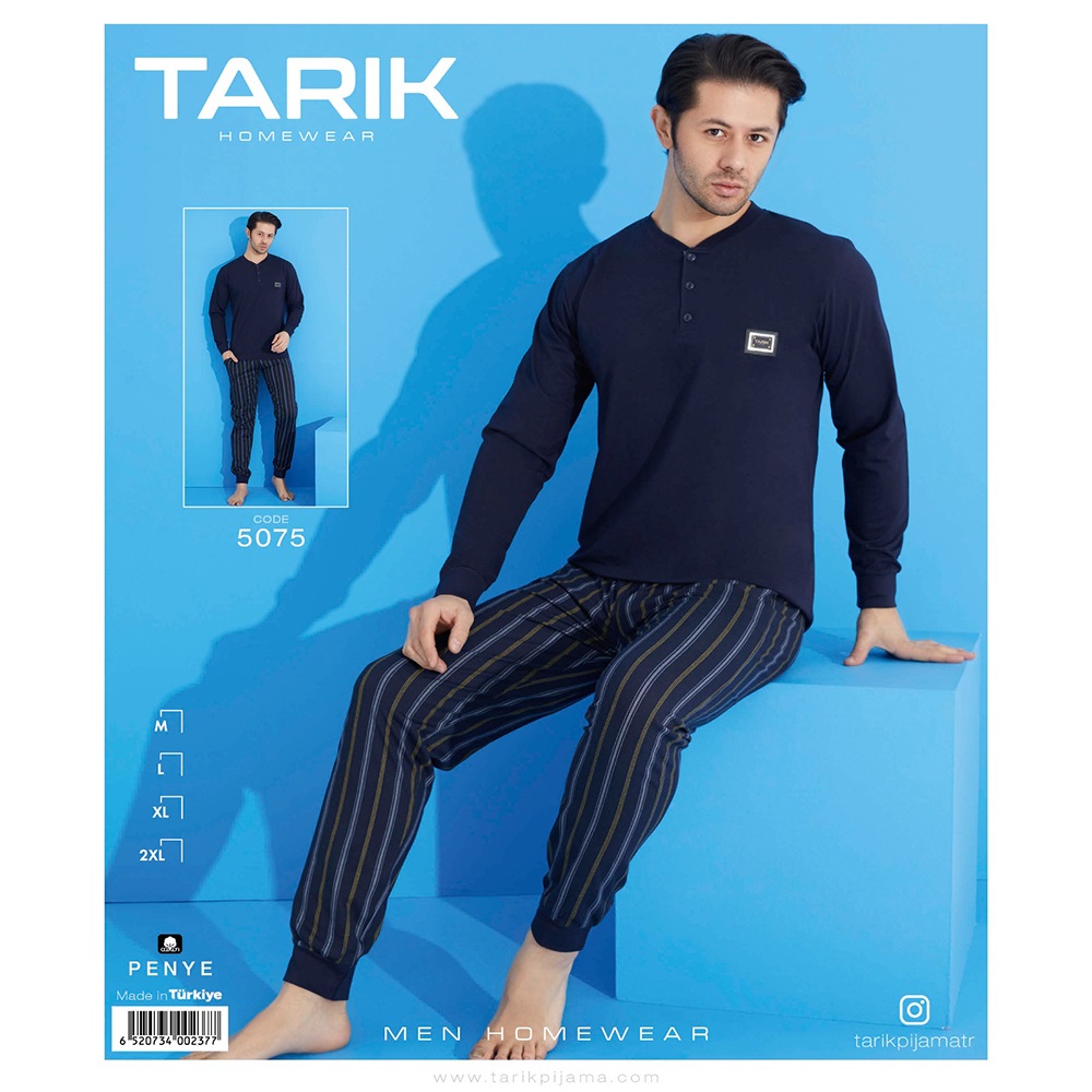 Tarık 5075 Erkek Çizgili Desenli U Kol Penye Pijama Takımı M-2XL - Siyah - M-L-XL-2XL