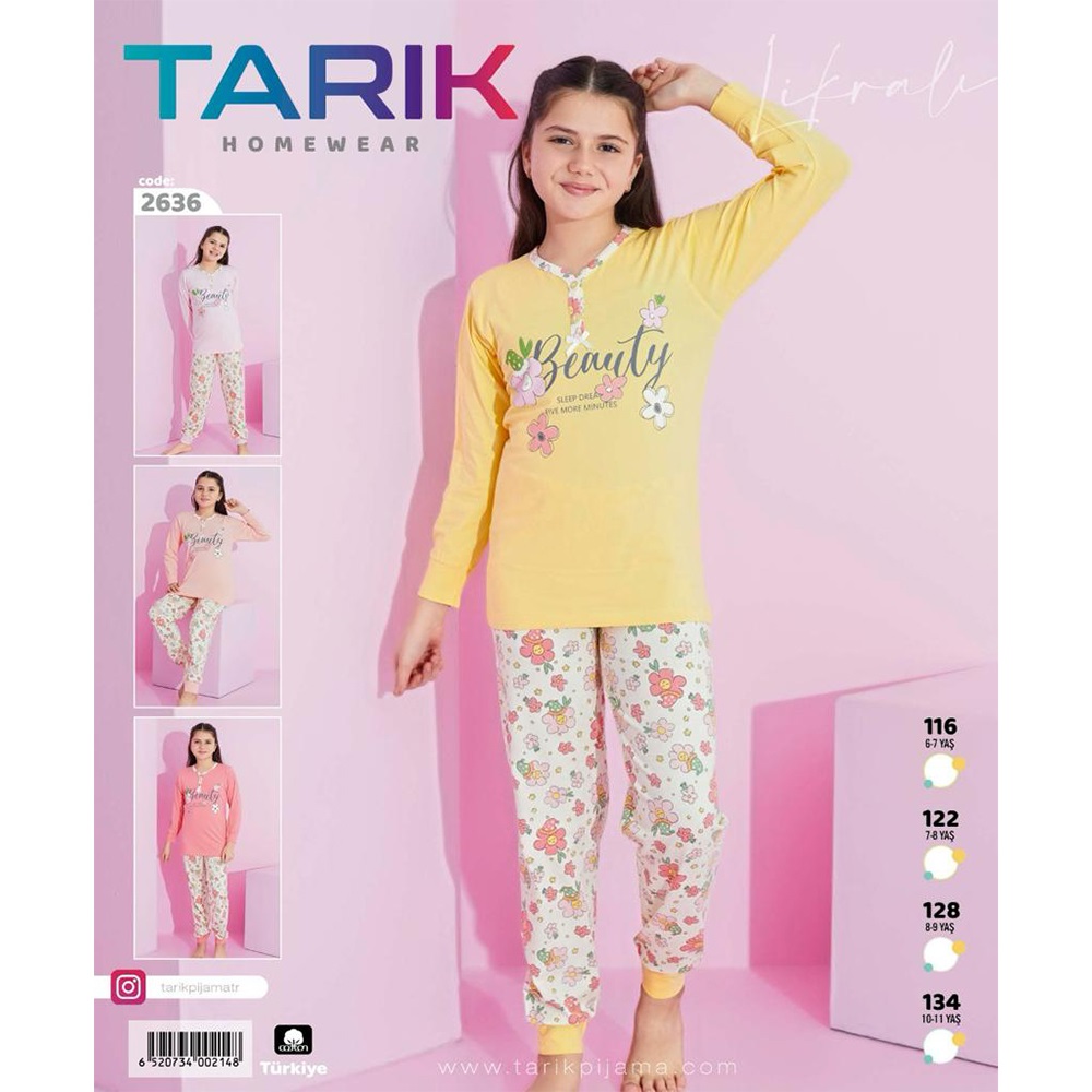 Tarık 2636 Kız Çocuk Papatya Bas U Kol Gar Penye Pijama Takımı 6-11 Yaş - Nar Çiçeği - 6-11 YAŞ