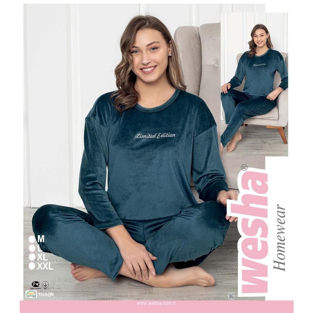 Wesha Bayan Kadife Sıfır Yaka Limited Edition Bas Pijama Takımı M- 2XL