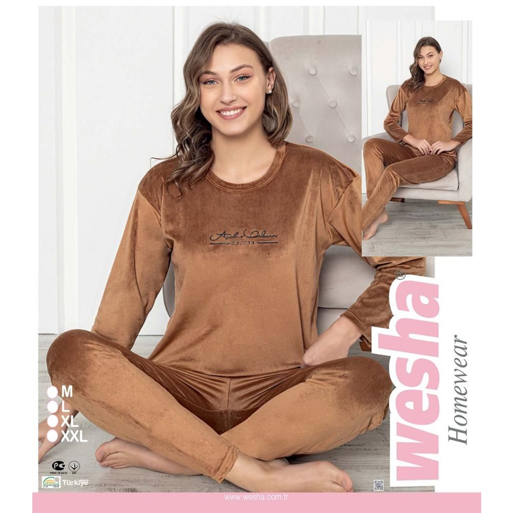Wesha Bayan Kadife Sıfır Yaka Editor Bas Pijama Takımı M- 2XL