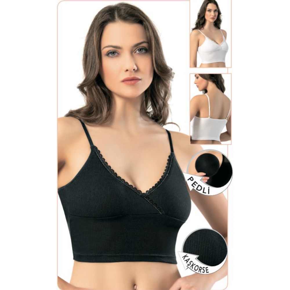 Kota 6437 Bayan Kaşkorse Taşlı Modelli İp Askılı Pedli Krop - Beyaz