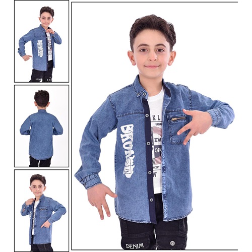 Bobiks 3408 Erkek Çocuk Garson Penyeli Ferm Kot Gömlek Kar Yıkamalı Takım 9-12 Yaş - Kot Mavi - 9-12 YAŞ